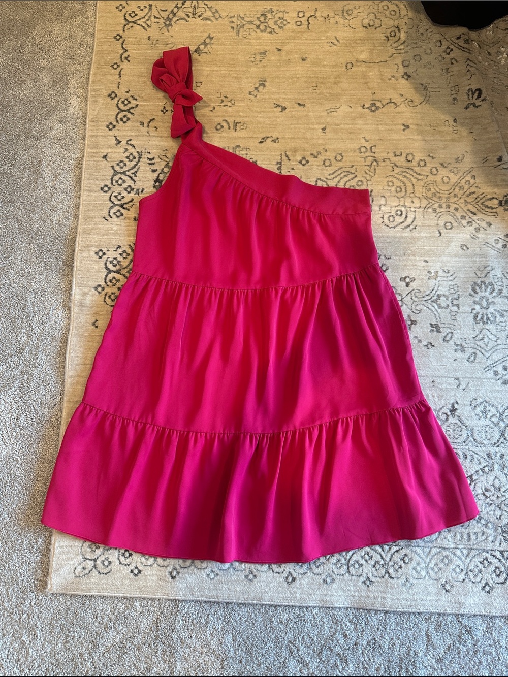 One-Shoulder Tiered Hot Pink Dress with Bow